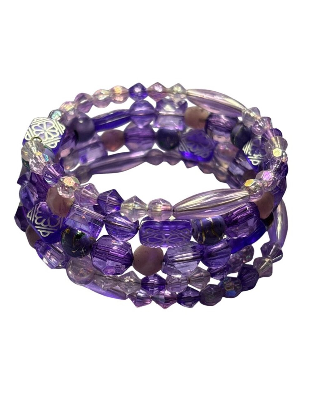 Purple Plastic Beaded Memory Wire Bracelet Coil White Multicolor Accents